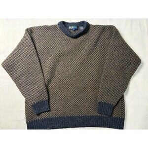 Vintage R&R Casuals Mens L 100% Wool Birdseye Knit Sweater Brown Gray Made HK